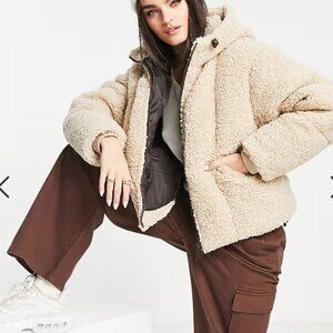 TOPSHOP Teddy Borg Hooded Puffer Jacket Beige Pockets Oversized Size S NWOT